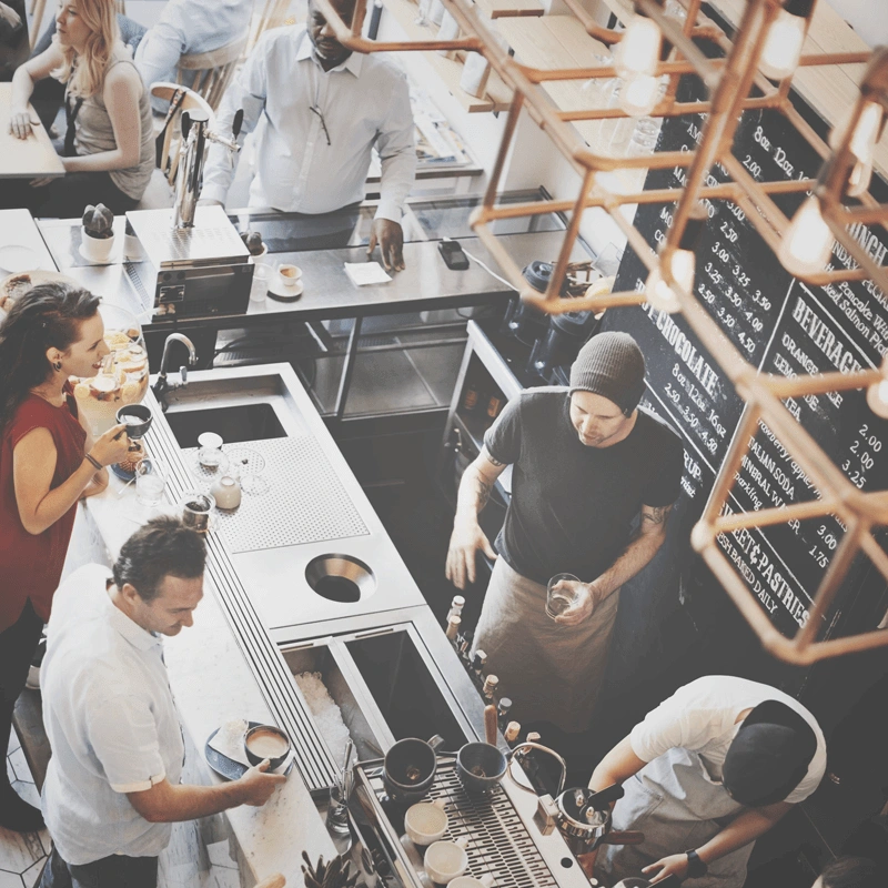 View from above a busy coffee shop